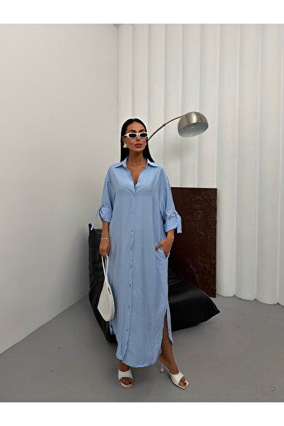 LB Laluna Butik Γυναικείο μακρύ φόρεμα πουκάμισο με πέτρινη λεπτομέρεια στο μ...