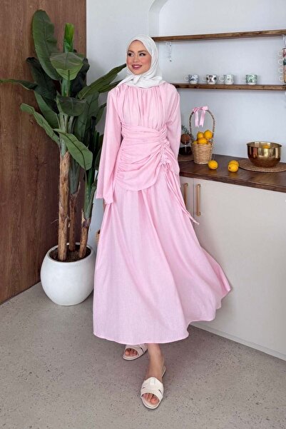 Şulemoda Giyim Troya Keten Elbise Pembe