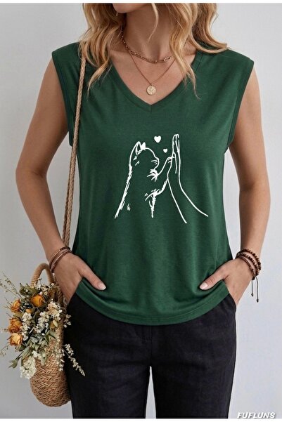 FUFLUNS ΓΥΝΑΙΚΕΙΟ ΑΜΑΝΙΚΟ T-SHIRT ΥΠΕΡΜΕΓΕΘΕΣ ΜΕ ΣΤΑΜΠΑ ΧΕΡΙΟΥ ΚΑΙ ΓΑΤΑΣ