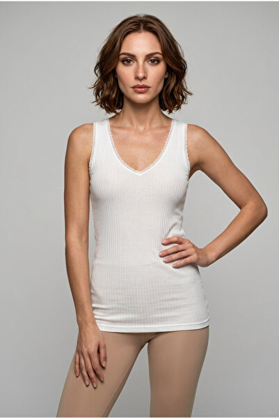 fevien Women's V-Neck Lace Detailed Thick Strap Ribbed Camisole Flexible Visc...