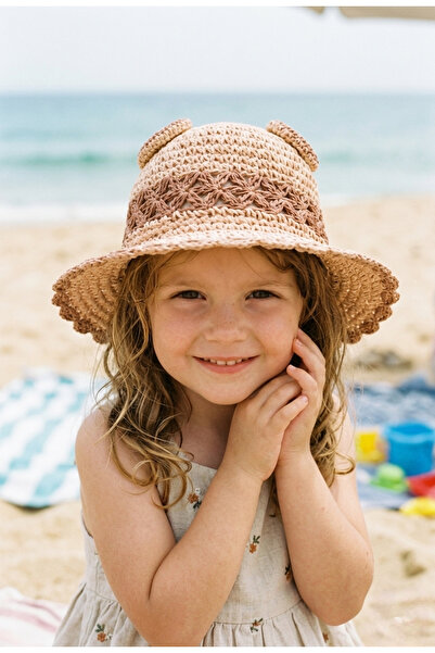 LAGRANZE Ψάθινο καπέλο για κορίτσια 4-7 ετών με αυτιά, στυλ Μποέμ