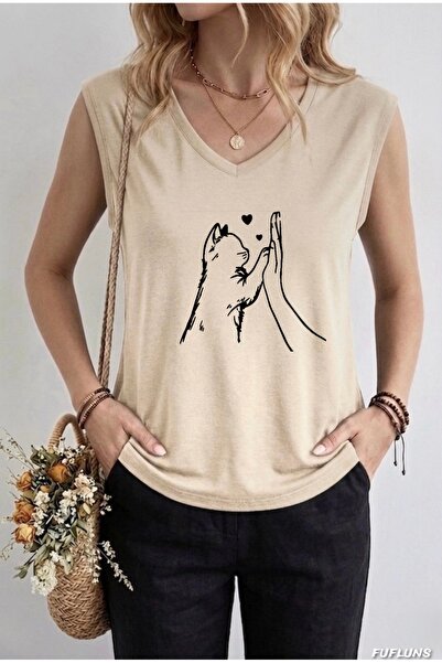 FUFLUNS ΓΥΝΑΙΚΕΙΟ ΑΜΑΝΙΚΟ T-SHIRT ΥΠΕΡΜΕΓΕΘΕΣ ΜΕ ΣΤΑΜΠΑ ΧΕΡΙΟΥ ΚΑΙ ΓΑΤΑΣ