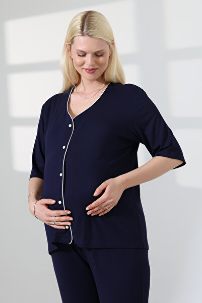 LadyMina Pijama Σετ Πιτζάμες Εγκυμοσύνης Lahusa σε Σκούρο Μπλε