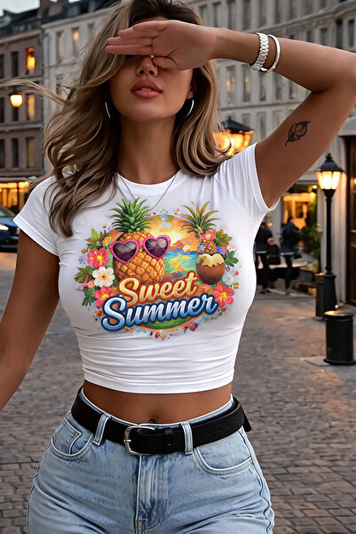 Toum Γλυκό καλοκαιρινό εμπριμέ λευκό crop τοπ με ζώνη