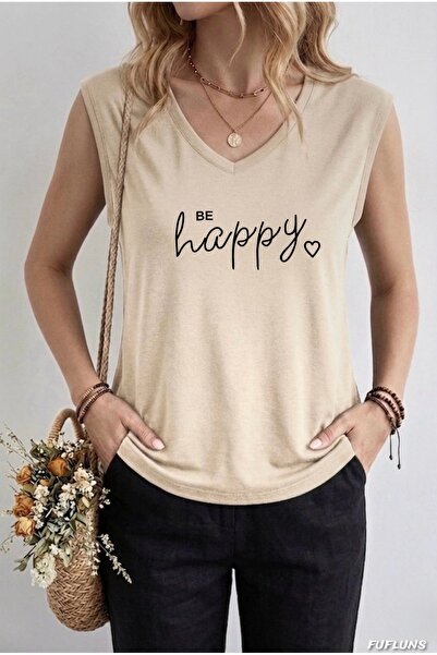 FUFLUNS ΓΥΝΑΙΚΕΙΟ ΑΜΑΝΙΚΟ ΜΠΛΟΥΖΑΚΙ ΜΕ ΣΤΑΜΠΑ "BE HAPPY" ΣΕ ΜΕΓΑΛΟ ΜΕΓΕΘΟΣ