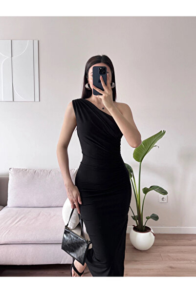 Zoom Butik Omuz Detay Drapeli Elbise - SİYAH