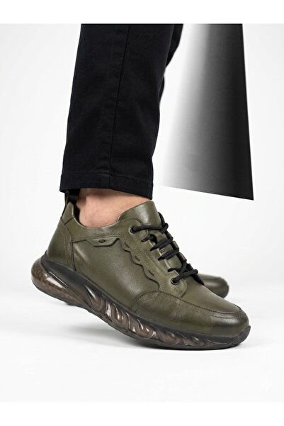 Lütfi Khaki Men's Genuine Leather Imported Thick Soled Casual Shoes