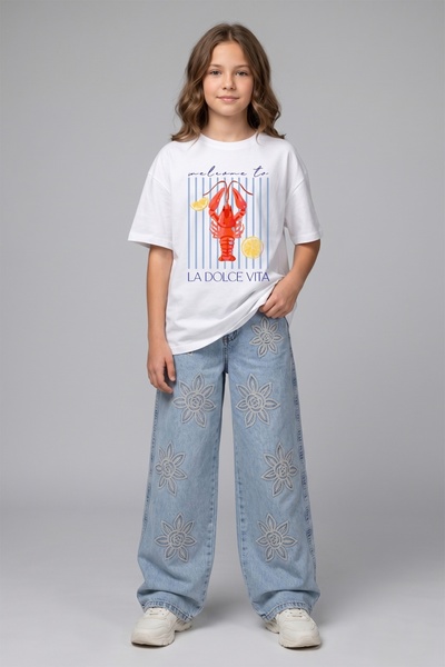 DMB BOYS & GIRLS Pantaloni de blugi albaștri cu picior larg pentru fete, cu b...