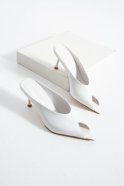 diclepolat Γυναικείες παντόφλες με λευκό τακούνι, μυτερή μύτη, ανοιχτό μπροστ...