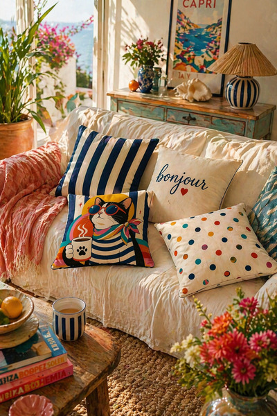 SasoHome Bonjour Monsieur Kedi Desenli Modern 4’lü Kırlent Kılıfı Seti | Renkli Retro & Şık Salon Dekoru