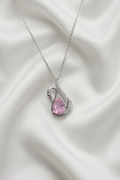 Jadem Gold 316L Steel Chain Pink Swan Model Zircon Stone Women's Necklace