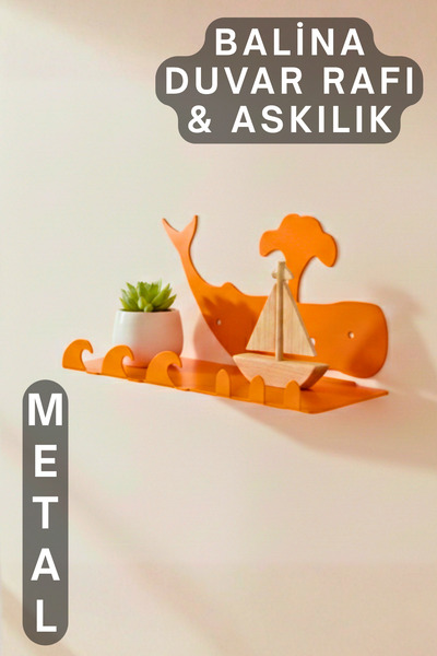 Balina Figürlü Çocuk Odası Metal Duvar Rafı ve Askılığı - Dekoratif Kreş Düzenleyici