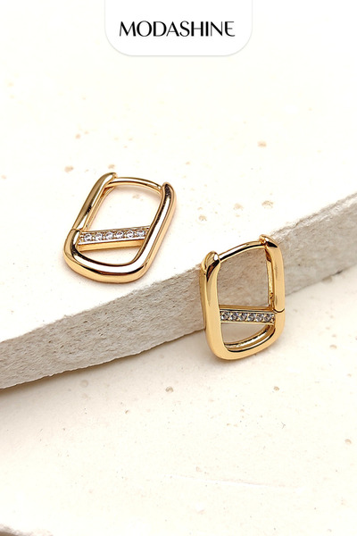 ModaShineShop Geometric Stone Hoop Earrings Gold Color Rectangular Form Styli...