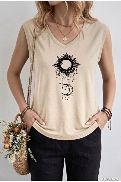 FUFLUNS Sun and Moon Printed Women's Oversize Sleeveless T-Shirt