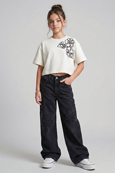 DMB BOYS & GIRLS Pantaloni din denim pentru fete, cu picior larg, brodați din...