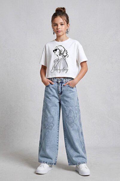 DMB BOYS & GIRLS Pantaloni din denim pentru fete, cu picior larg, brodați din...