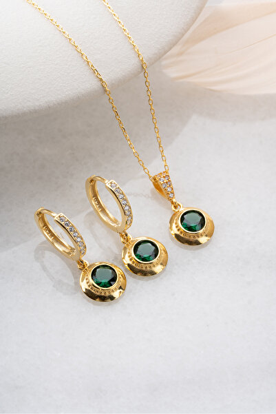 Silvano Jewelry 925 Ayar Gümüş Altın Kaplama Zümrüt Yeşil Tektaş Takı Seti