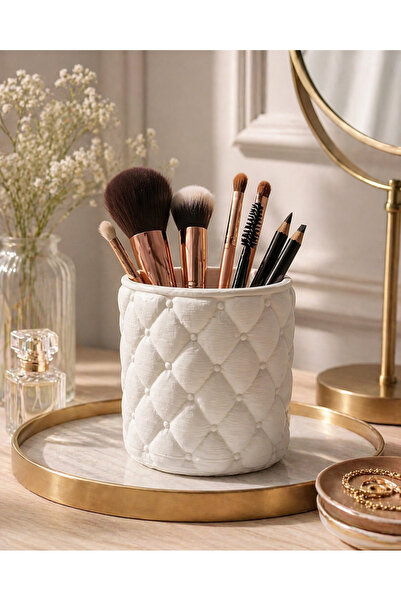 NO BRAND Kapitoneli Desenli Dekoratif Kalemlik & Makyaj Fırçalık – Minimal Or...