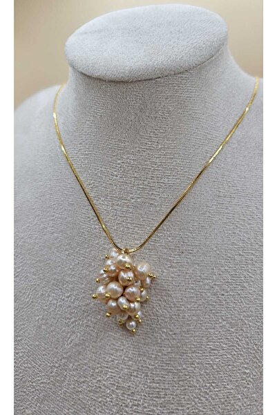 İNCİORA JEWELRY GERÇEK DOĞAL İNCİ (SOMON VE BEYAZ) BÜYÜK SALKIM KOLYE ALTIN K...
