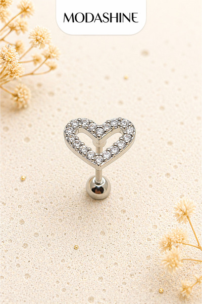 ModaShineShop Kalp Figürlü Taşlı Helix Küpe Cerrahi Çelik Vidalı Labret Pierc...