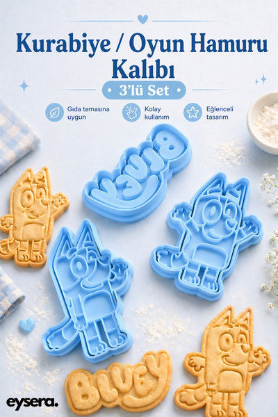 eysera Bluey 3'lü Kurabiye Kalıbı Seti/Oyun Hamur Kalıbı Seti/Hamur Şekillend...