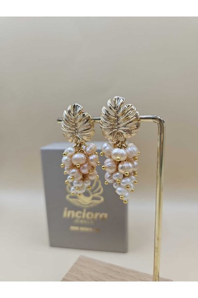 İNCİORA JEWELRY GERÇEK DOĞAL İNCİ (SOMON VE BEYAZ) BÜYÜK SALKIM YAPRAK KÜPE