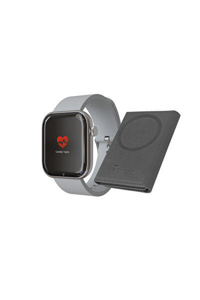 Techmade Λαμπερό ασημί smartwatch με γκρι πορτοφόλι, AMOLED 1.75”