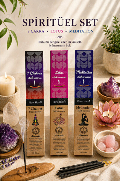 Flow Home 3’lü Tütsü Seti 7 Çakra, Lotus, Meditation 60 Adet Meditasyon, Ev K...