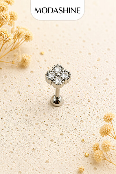 ModaShineShop Taşlı Çiçek Helix Küpe Cerrahi Çelik Vidalı Labret Piercing Küp...