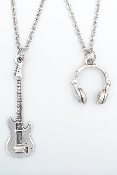 Empressco 2'li Elektro Gitar - Kulaklık Gümüş Kaplama Unisex Düz Zincir Kolye...