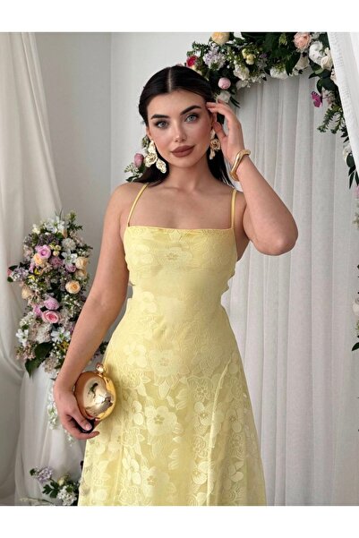 Dilek Vardar Κίτρινο γυναικείο μακρύ φόρεμα με κορδόνια, λεπτομέρεια δεσίματο...