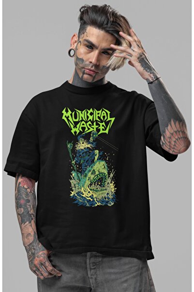 SEVBANO Tricou oversize unisex cu imprimeu frontal Municipal Waste Rock Metal...