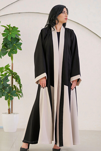 Hasnaa Abaya عباية زاهية كلوش مع تدخيلات قماش أسود مع بيج