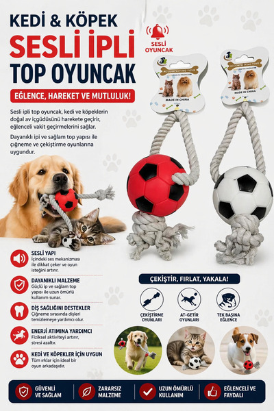 House Bird Kedi & Köpek Sesli İpli Top Oyuncak – Dayanıklı Halatlı Oyun Topu