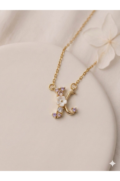 Tiştok accessory Çelik Zincir Çiçekli Mineli K Harfi Vintage Kolye- Özel Tasa...