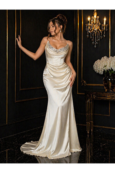 Afrina Dress Taş Detaylı Askılı Saten Balık Abiye Elbise
