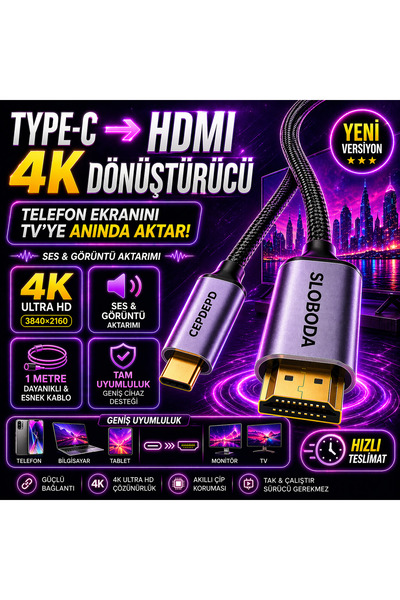 SLOBODA Telefon Tablet Laptop TV Bağlantı için Type-C HDMI Dönüştürücü 4K Kab...