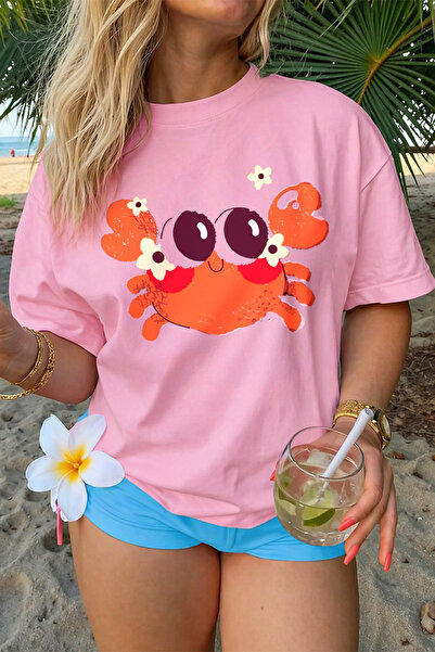 Velostra Women's Crab Printed Oversize Comfortable Daily Use Combed Cotton T-...