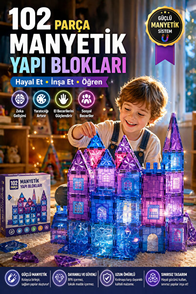 YILDIRIM OYUNCAK Eğitici Manyetik Yapı Blokları 102 Parça 7,5 cm – STEAM Zeka Geliştirici, Güçlü Mıknatıslı, Çocuk Gelişim Oyuncak Seti