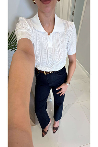 BİRCANÇİL Dlvin Hollda Λευκό Πλεκτό με Γιακά Πόλο και Διάτρητο Σχέδιο