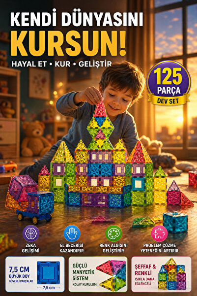 YILDIRIM OYUNCAK Eğitici Manyetik Yapı Blokları 125 Parça 7,5 cm – STEAM Zeka Geliştirici, Güçlü Mıknatıslı, Çocuk Gelişim Oyuncak Seti