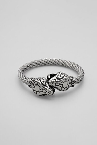 ablukaonline Men's Dragon Head Rope Patterned Steel Bracelet Silver