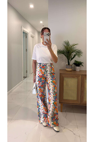 BİRCANÇİL Raws Λευκό Μπλε Τζιν με Σχέδιο Λουλουδιών