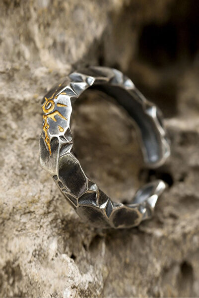 Aike Retro sun pattern distressed open ring personality hammered texture silv...