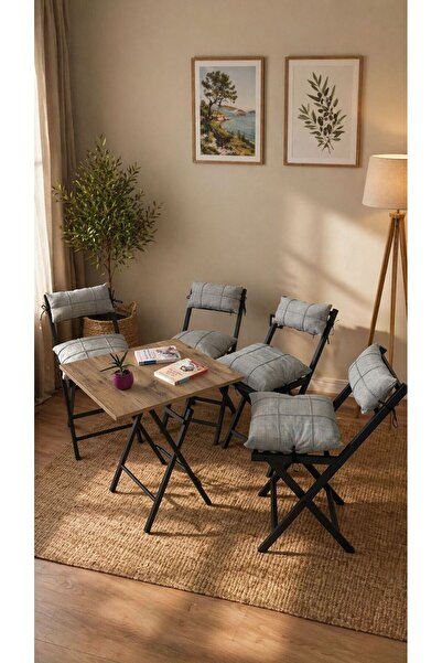Sofmina Minderli Balkon Bahçe Mutfak Bistro Set Katlanır 4+1 Masa-sandalye