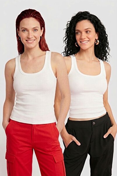 Lady Bom Kadın 2'li Set Premium Ribanalı Kaşkorse Beyaz Basic Fitilli Pamuklu...