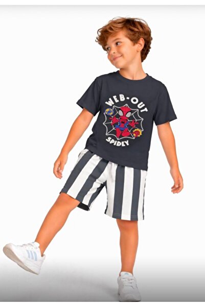 gnygiyim Μαύρο μπλουζάκι με φιγούρα ήρωα για αγόρια και ριγέ σορτς - Σετ άνω ...