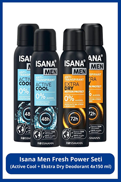 ISANA MEN Fresh Power Deodorant Seti: Active Cool + Ekstra Dry Deodorant 4x15...