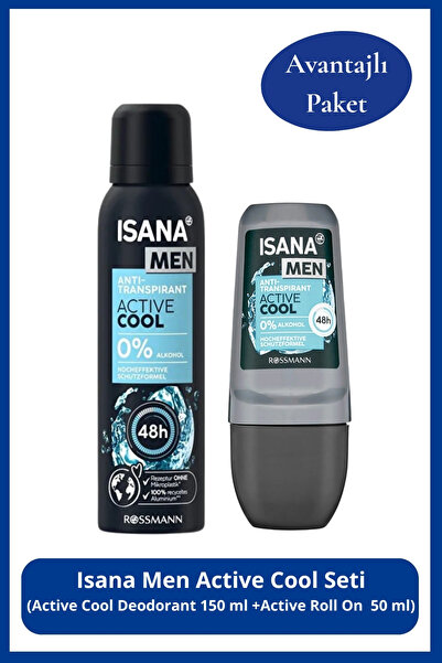 ISANA MEN Active Cool Seti: Active Cool Deodorant 150 ml + Active Roll On 50 ml
