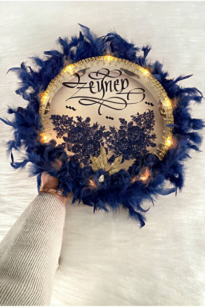 ZEYMERADE Lacivert Ledli Gelin Tefi 32cm, Lüx Aplik Çiçekli Tüylü Ve Parlak T...